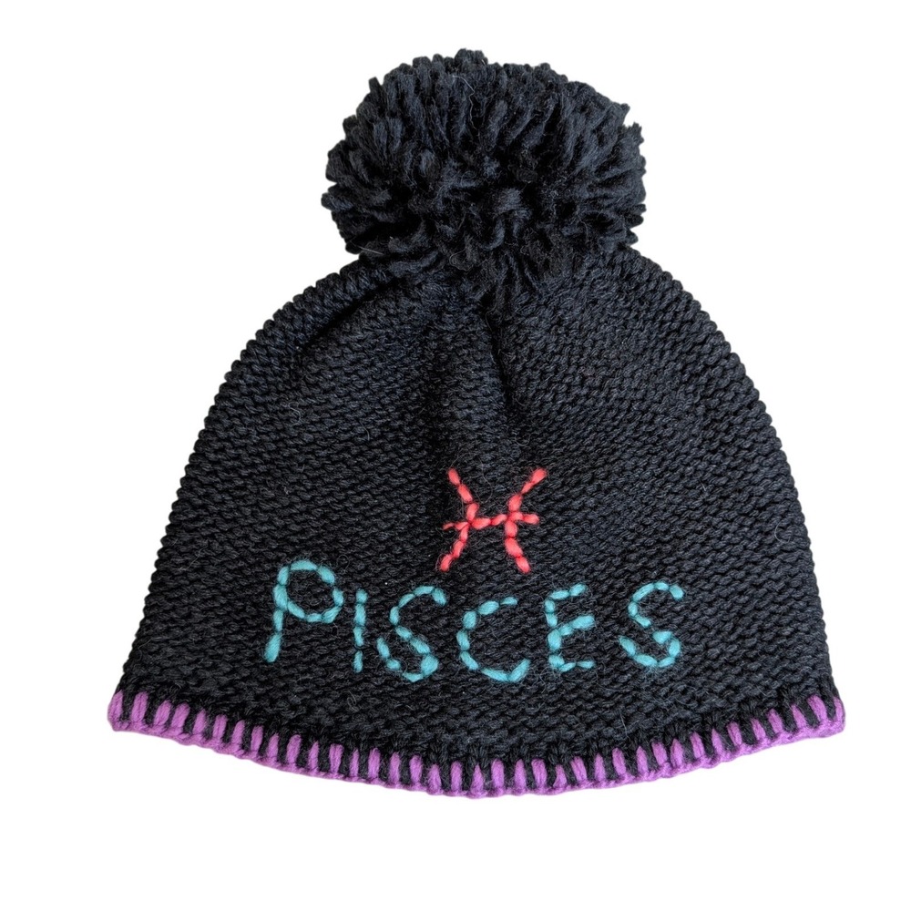 Echo Design Pisces Zodiac Black Knit Pom Pom Beanie Hat Wool Blend Purple Trim